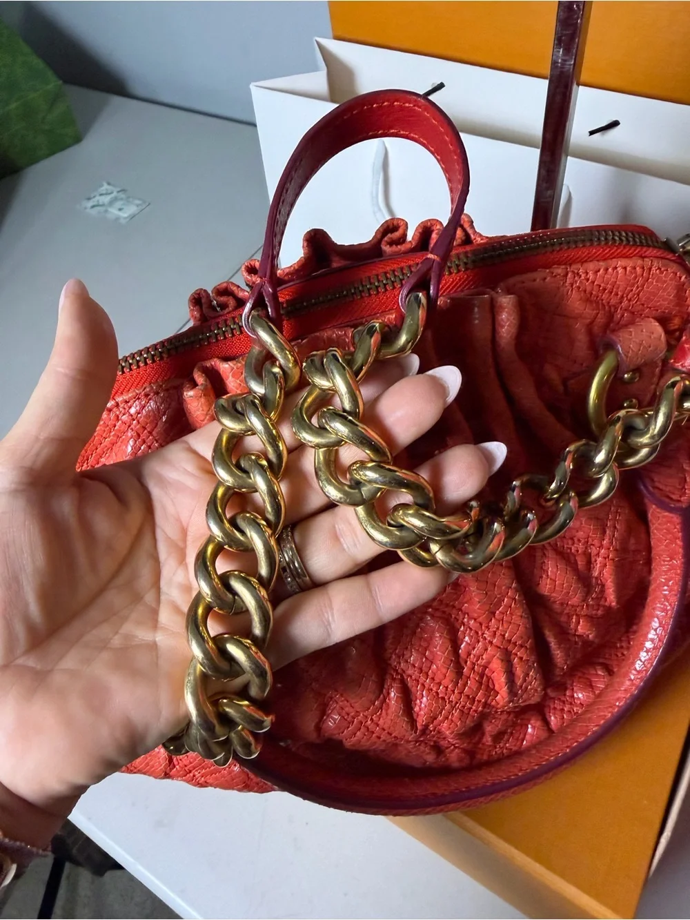 Marc Jacobs Embossed Python Leather Satchel – Coral Red